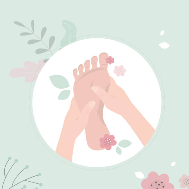 illustrations, cliparts, dessins animés et icônes de procédures du salon de spa. massage des pieds effectué par une masseuse professionnelle. soins et traitements, soulagement de la douleur et détente avec une lotion. effet hydratant. bannière promotionnelle du salon de beauté. - réflexologie plantaire